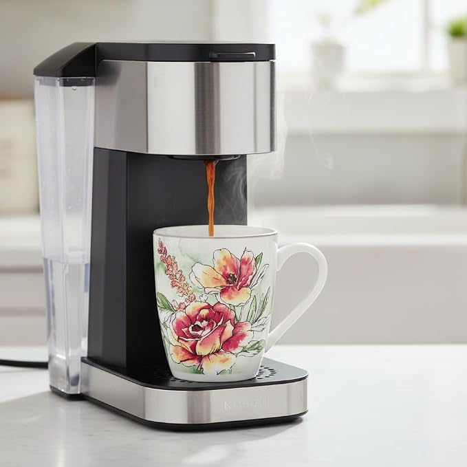 Lorren Home Trends Floral Rose Coffee Mug Set of 4, 12 Oz, Microwave and Dishwasher Safe, Bone China (PINK)
