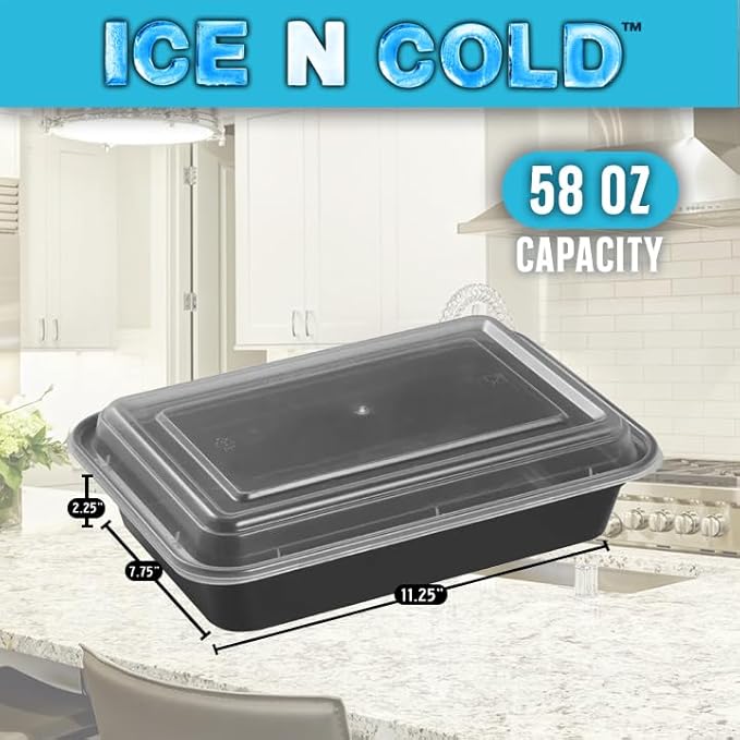 ICE N COLD Reusable To-Go Food Meal Prep Storage Containers with Leak Proof Snap Lids 58oz | 1715ml | 150-Pack
