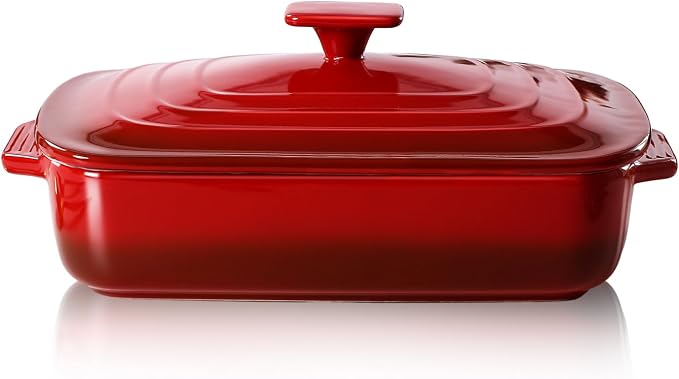 Lareina Large Ceramic Casserole Dish with Lid, 4.0 Quart Covered Rectangular Stoneware Baking Dishes for Oven, Deep 9x13 Inch Lasagna Pans for Baking and Serving, Perfect for Christmas, Red