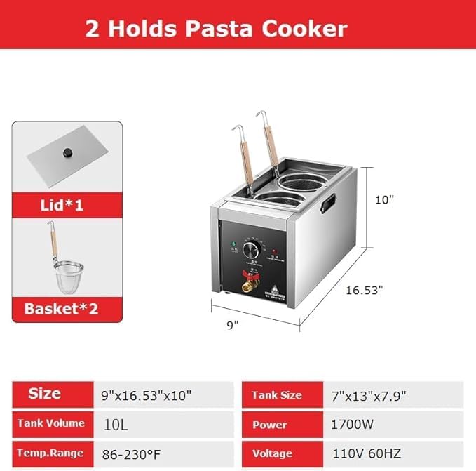 Commercial Pasta Cooker,Electric Macaroni Vegetable Dumpling Cooker, Noodle Cooking Machine Pasta Makers Boiler Machine Noodle Dumpling Maker with Noodle Filter,Drainage (2 Strainers)