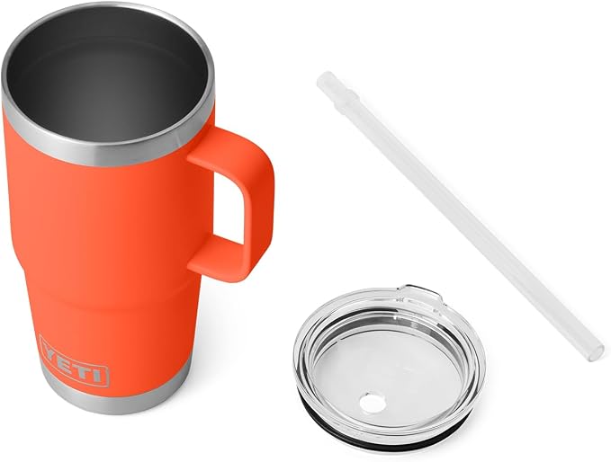 YETI Rambler 25 oz Tumbler with Handle and Straw Lid, Travel Mug Water Tumbler, Vacuum Insulated Cup with Handle, Stainless Steel, Papaya