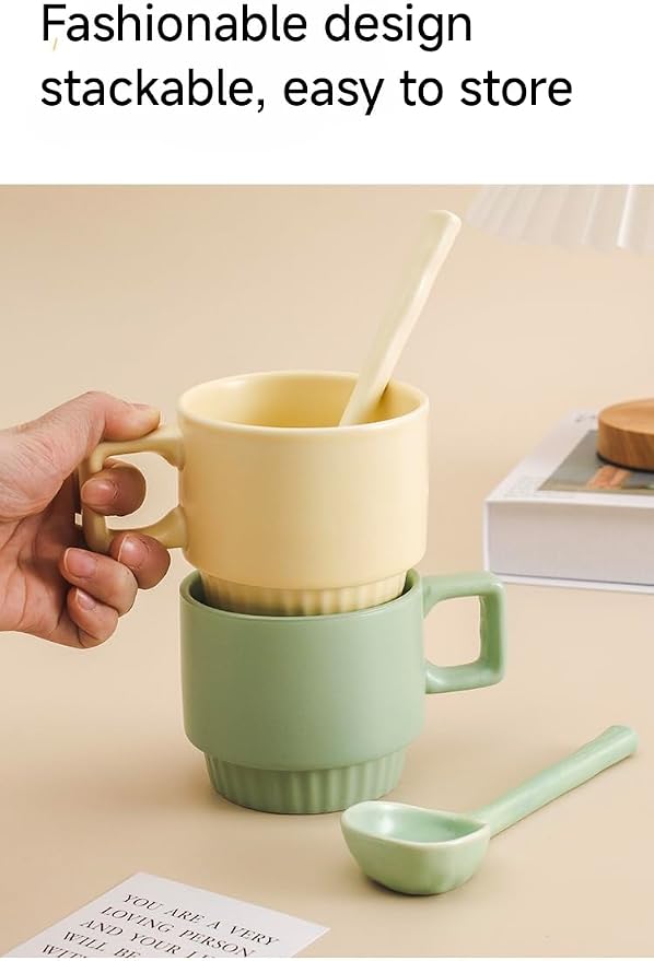 12OZ Stackable Coffee Mugs Set, Ceramic Coffee Cups with morandi color for Au Lait, Cappuccino,Latte,Cafe,Mocha,Tea, Suit Party Housewarming Wedding, Set of 4, Dishwasher&Microwave Safe（Creamy）