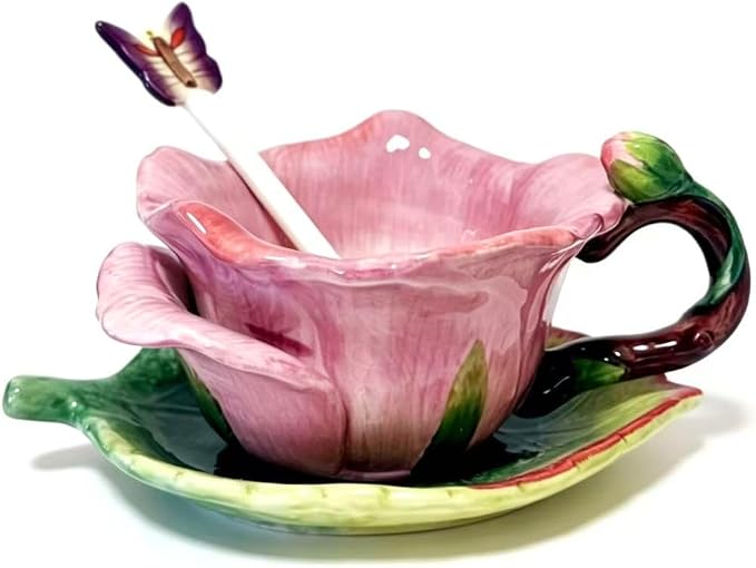 Ceramic Tea Cup and Saucer Set ，6OZ 3D Hand-Painted Flower and Lotus Leaf Coffee Mug，Gift for Women- Dark Pink Rose