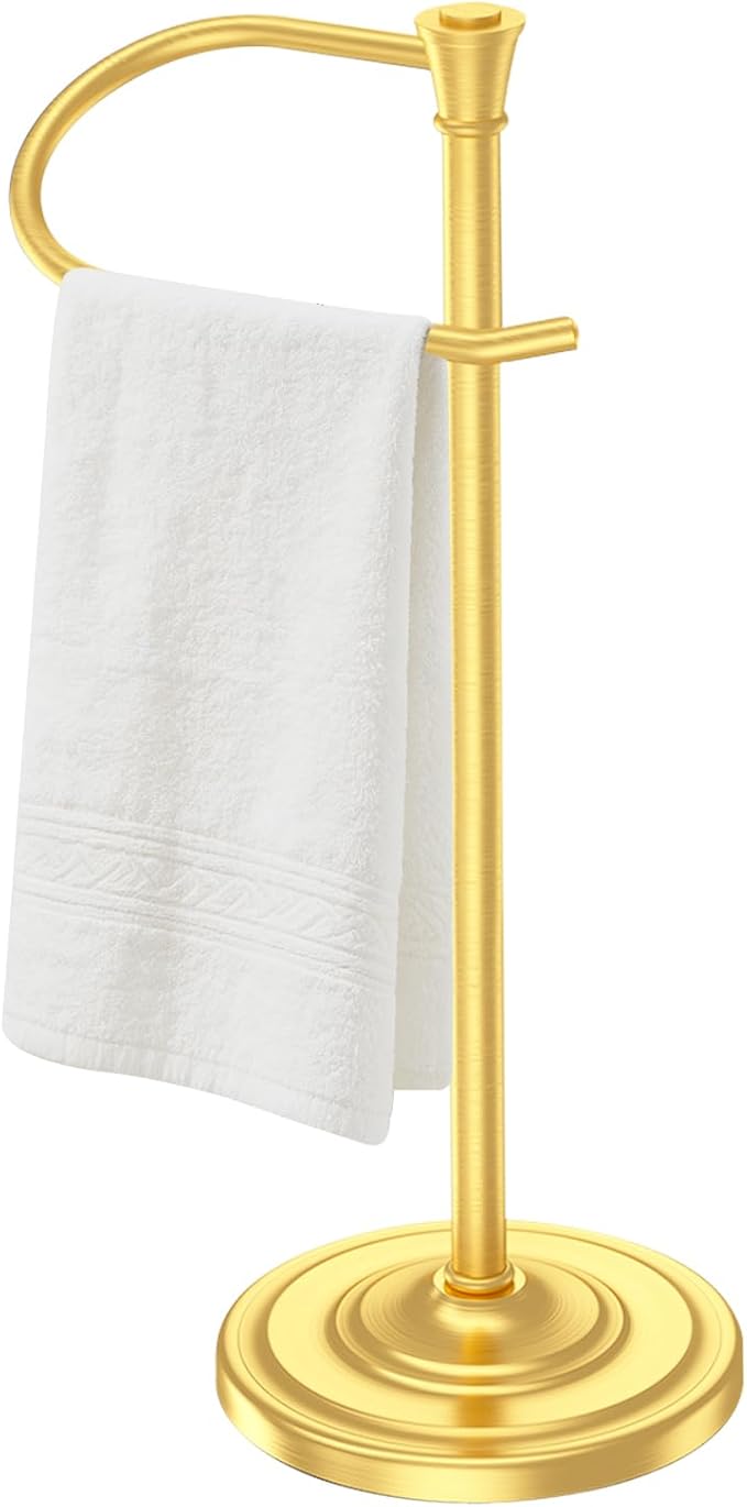 Brass Gold Bath Hand Towel Holder Stand,Stainless Steel 16 Inch Free Standing Towel Rack,Heavy Weight Towel Bar for Bathroom Vanity Countertop &Kitchen
