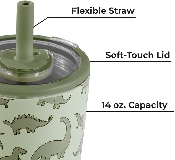 HydroJug Everyday Tumbler 14 oz, Ceramic-Lined Straw Cup, Dinosaur