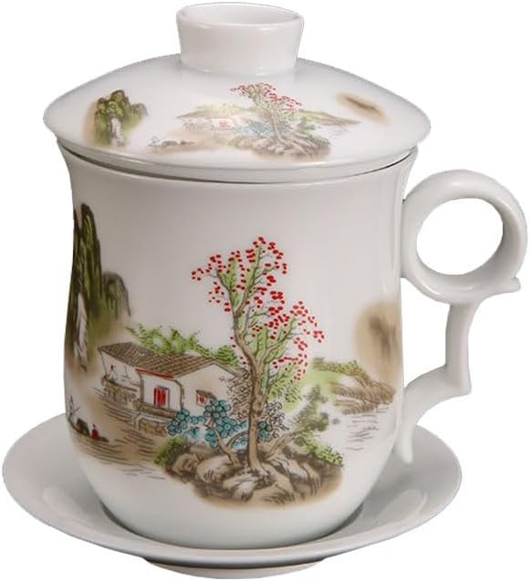 GOLDY&WENDY Chinese Porcelain Tea Cup with Infuser Lid and Saucer Sets Convenient System Ceramics Coffee Mug for Home Office