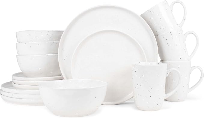 Elanze Designs Shiny Speckled Western Country Style Ceramic Plates Bowls Mugs Dinnerware 16 Piece Set - Service for 4, White