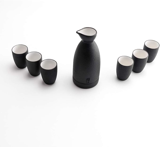 Ceramic Sake Set Cups with Warmer + Sake Saki Drink Storage Box, Porcelain Pottery Hot Cold Saki Drink, 9pcs include 1 Stove 1 Warming Bowl 1 Sake Bottle 6 Cup