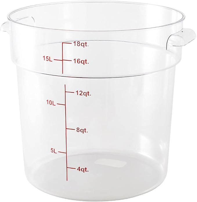 Restaurantware Met Lux 18 Quart Food Storage Container, 1 Round Commercial Storage Container - Lid Sold Separately, With Volume Markers, Clear Plastic Food Prep Bucket, Space-Saving Storage