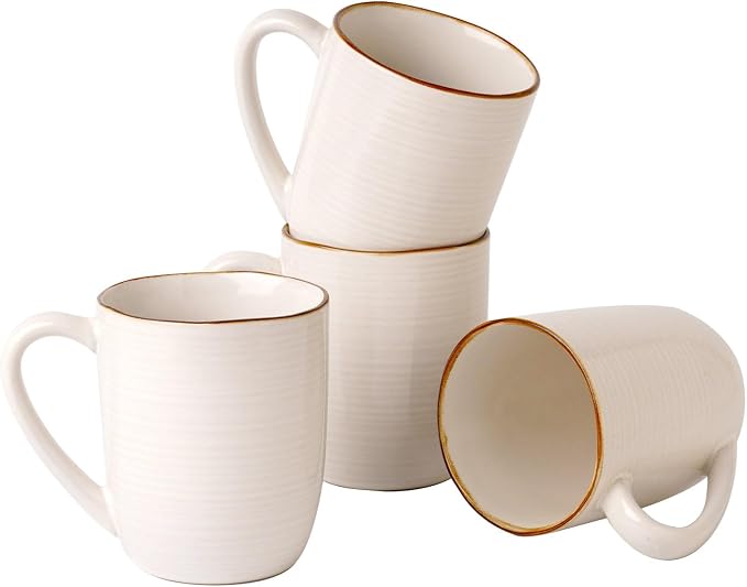 famiware Tempus Coffee Mugs Set of 4, 14 oz Coffee Cup Set, Stoneware Mugs with Handle for Coffee, Tea, Cocoa, Milk, Cappuccino, Microwave Safe - Antique White