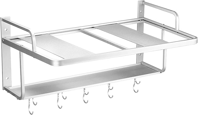 QWORK Microwave Oven Rack Shelf, Wall Mount Electric Oven Holders, Aluminum Double-Layer Microwave & Spice Rack, 2 Shelves with 10 Hooks, Support Load 88lbs, 21.65"x15"x9.84"