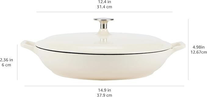 Amazon Basics Enameled Cast Iron - Covered Round Casserole Skillet with Lid, Oven Safe - 500°F, Even Heat Distribution, 3.3-Quart, White