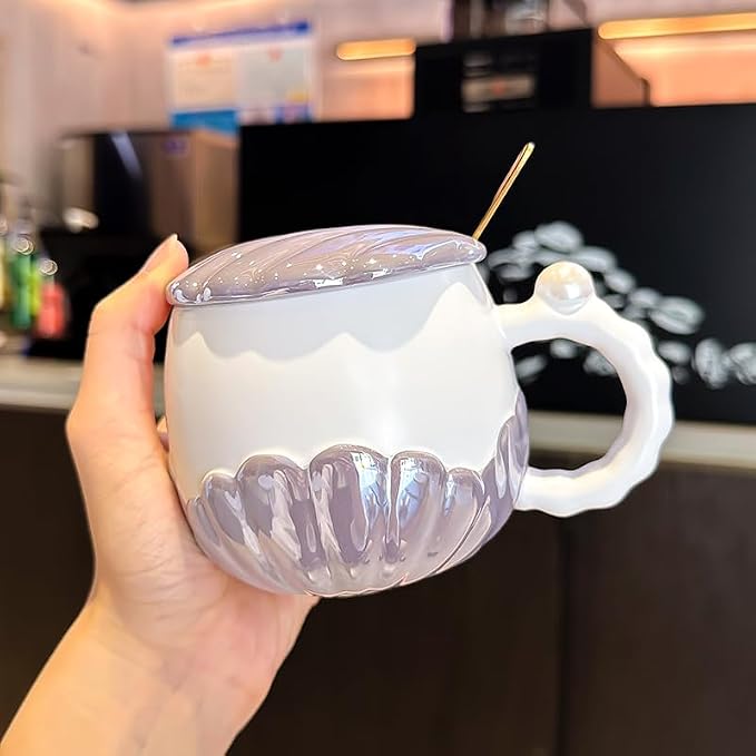 Pearl Ceramic Coffee Mug for Tea Latte Milk Cute Love Shape Cup for Home Office Women Gift 6.5 oz (Shell Round Purple, 350 ml)