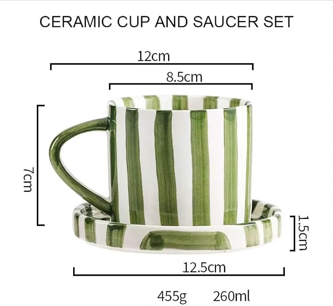 Cup and Saucer Set Hand-Painted Green Stripes, 8 Oz Ceramic Coffee Mug, Espresso Cups, Porcelain Coffee Cup for Cappuccino, Espresso, Coffee, Tea, Cafe Mocha, Latte, Set of Cup Gift for Coffee Lover