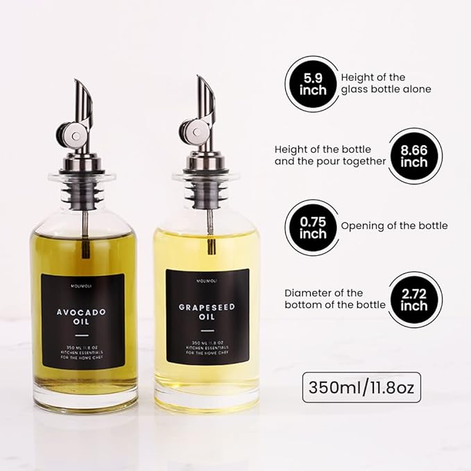 Molimoli Oil and Vinegar Dispenser with Metal Pour Spout, Weighted Pourer, Glass Bottle Dispenser for Kitchen Weighted Stainless Steel Pourers, Pack of 4 (Pourers), 350ml Oil Bottles Black