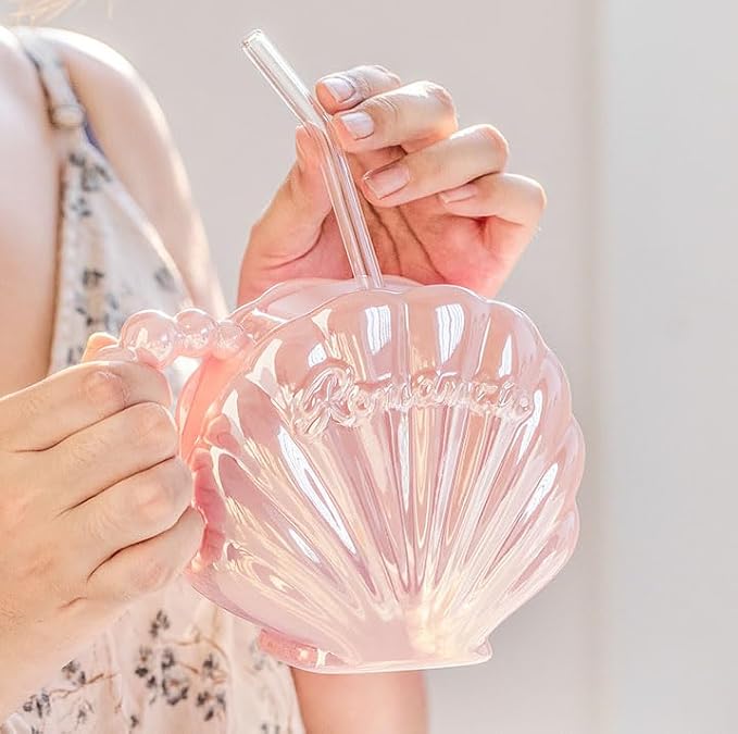 Pearl Shell Ceramic Coffee Mug with Coaster Set for Tea Latte Milk Cute Cup with Saucer for Home Office Women Gift 6.5 oz (Shell with Straw Pink, 450 ml)