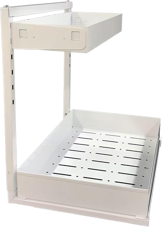Under Sink Organizer, 2 Packs, 2 Tier Bathroom Organizer, Under Cabinet Storage, Under Sink Pull Out Organizer, Used for Kitchen, Bathroom, Pantry, Office, Garage, Shop, Cabinet, Closet, White