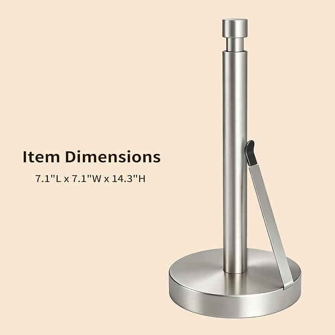 YUMORE Heavy Duty Stainless Steel Paper Towel Holder – Easy One-Handed Tear, Weighted Base Non-Slip, Tension Arm Prevents Unraveling, Countertop Paper Stand for Kitchen, Fits Most Size Rolls (Silver)