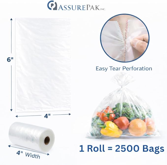 ASSUREPAK Clear Produce Poly Bag On A Roll for Bread, Meat and Groceries - 4"x6" - 2500 Bags - 1 Roll Per Case - 1.0 mil
