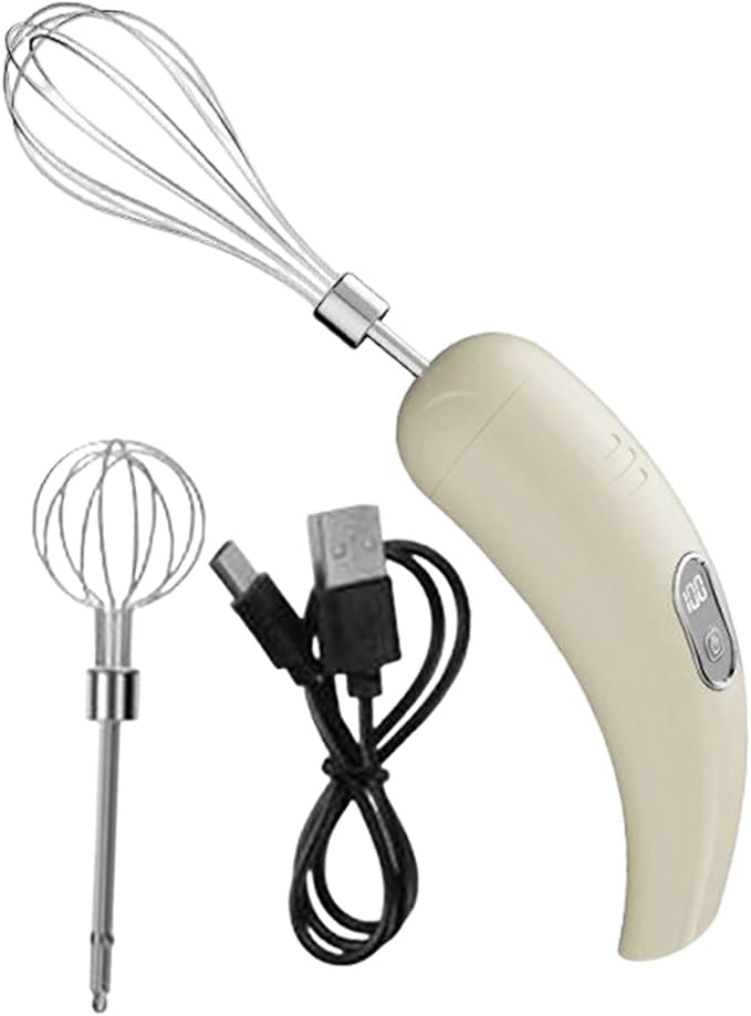 Electric Egg Beater USB Handheld Milk Frother 5 Speed Cordless Cream Mixer Stainless Steel Whisk Heads Suitable for Home Use Kitchen Baki, Beige
