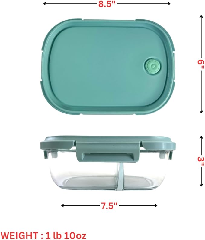 Neoflam 12-Pieces Airtight Kitchen 2 Compartment Storage, Oval Bento Glass Food Container with Vent, Microwave Meal Prep Canister, Dishwasher and Oven Safe (37 oz / 1.1 Liter / 4.6 cups)