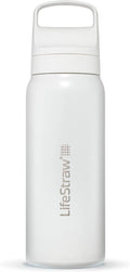 LifeStraw Go Series — Insulated Stainless Steel Water Filter Bottle for Travel and Everyday Use Removes Bacteria, Parasites and Microplastics, Improves Taste, 24 oz, Polar White