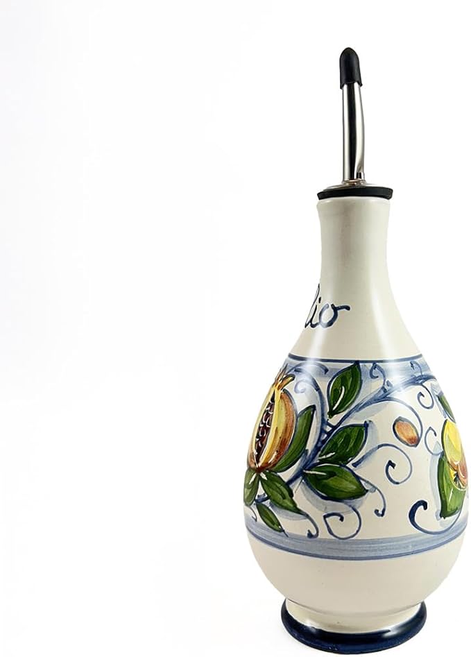 thatsArte - Hand-Painted Italian Ceramic Olive Oil Dispenser Bottle With Stainless Steel Spout - Venezia Oil Pourer by Rampini, Handmade in Gubbio, Made in Italy Cruet