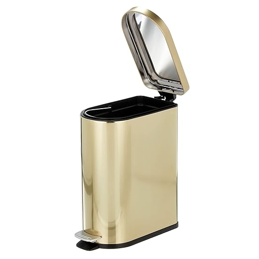 mDesign Small 2.6 Gallon/10 Liter Stainless Steel Metal Step Trash Can Garbage Bin for Bathroom, Bedroom, Office, D-Shape Trashcan with Foot Pedal/Lid, Removable Liner Bucket with Handles, Soft Brass