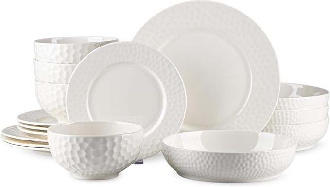 16-Piece Ceramic Dinnerware Set for 4, Water Cube Texture Dishes and Plates Sets, Includes Deep Pasta Bowls, Plates and Bowls, Minimalist High-Temperature Reinforced Porcelain, White