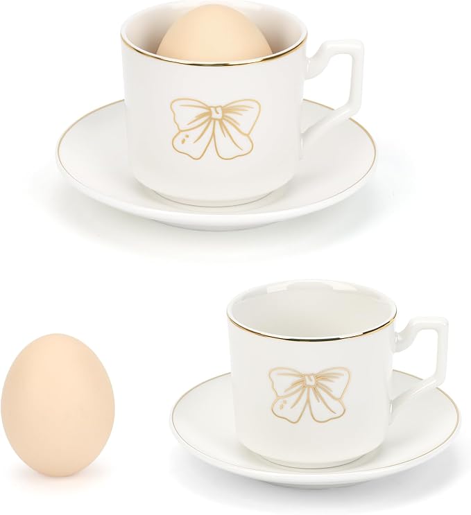 ALIMOTA 3.5oz Ceramic Coffee Espresso Cup with Saucers Set, Elegant Bow Deco Coffee Cup Gift for Cappuccino, Tea, Espresso, Latte, Coffee, Cafe Mocha, Set of 6, White