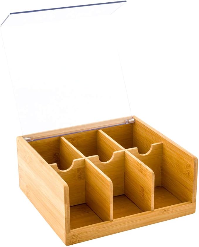 Restaurantware-8.5 x 8 x 3.5 Inch Tea Box Organizer, 1 Sustainable Tea Box Container - 6 Compartments, With Plastic Cover, Bamboo Tea Bag Organizer Storage Box, Durable, For Countertops And Cabinets