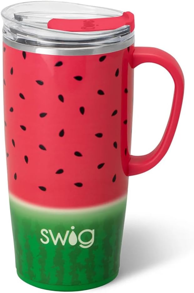 Swig Life 22oz Travel Mug, Insulated Tumbler with Handle and Lid, Travel Coffee Mug, Cup Holder Friendly, Stainless Steel 22 oz Tumbler, Reusable Insulated with Lid (Melon Slice)
