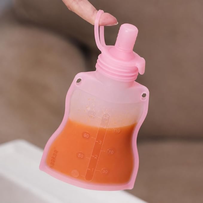 haakaa Silicone Yummy Pouch 4.5 oz – Reusable Silicone Snack & Smoothie Pouch, Refillable, Leak-Resistant, Dishwasher Safe, Eco-Friendly Food Storage for Babies Kids & Toddlers (2-PK, Strawberry)