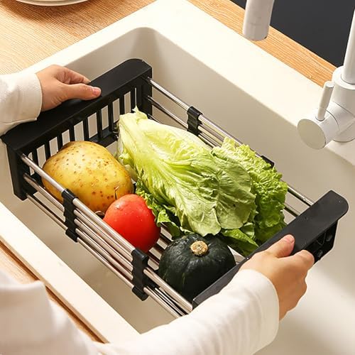 Adjustable Stainless Steel Over Sink Dish Drying Rack, Multi-Functional Kitchen Organizer for Plates, Bowls & Fruits - Space-Saving Drain Basket (Gray, X-Large)