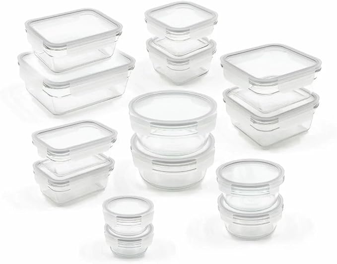 Glasslock Transparent 28 Piece Small Oven and Microwave Safe Glass Food Storage Containers Set for Small Snack and Meals with Removable Lids, Clear