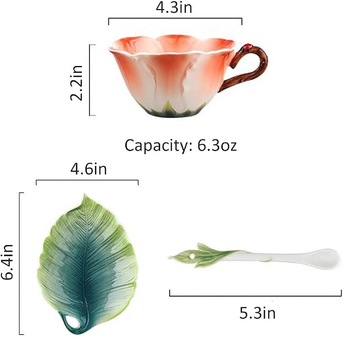 WAYUTO 3D Ceramic Coffee Mug and Saucer Set with Spoon Flower Leaf Coffee Mug Tea Cup with Decorative Handle Vintage Floral Drinking Cups Unique Gifts for Birthday Wedding Christmas 6oz Pink