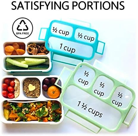 kinsho Bento Lunch Box And Snack Container Set For Kids And Adults - Large 4 & Small 3 Divided Food Compartments - Portion Control Meal Prep - Reusable for School Work Travel - 2 Pack Green Blue Set