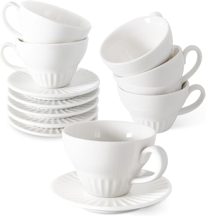 2 oz Espresso Cups Set of 6, Ceramic Cappuccino Cups with Saucers, Stackable Coffee Cup for Macchiato, Double shot, Tea, Coffee Lover Gifts, White