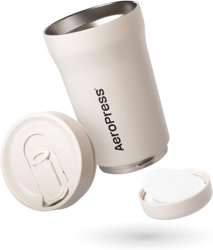 AeroPress Stainless Steel Travel Coffee Tumbler - Double-Wall Insulation for Hot or Cold Drinks with a Splash-Resistant Lid and Built-In Filter Storage, Cup Holder Friendly - 16 oz, Cream
