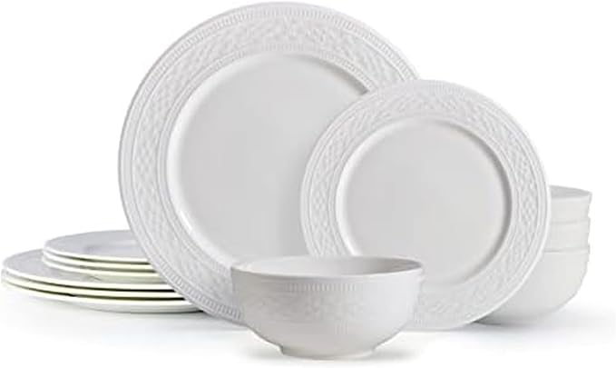 Mikasa Haven Bone China Lightweight Chip Resistant 12 Piece Dinnerware Set, Service for 4 White