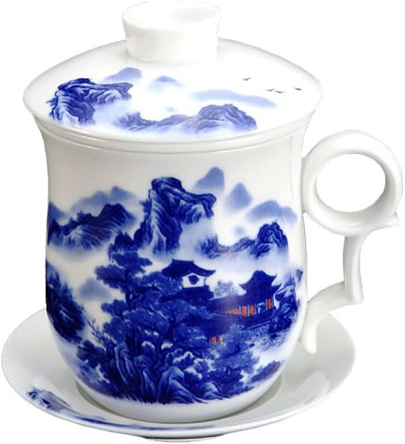 GOLDY&WENDY Ceramic Tea Cup Set with Strainer Infuser and Lid and Saucer Chinese Anti-scalding Handle Design Porcelain Personal Tea Mug