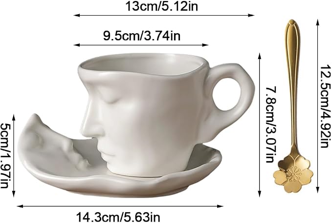 Human Face Ceramic Coffee Mug, 8.8oz/260ml Kissing Coffee Cup with Saucer Coffee Spoon, Tea Cup Milk Latte Espresso Cappuccino Juice Beverage Iced Tea Water Cups Drinkware (White)