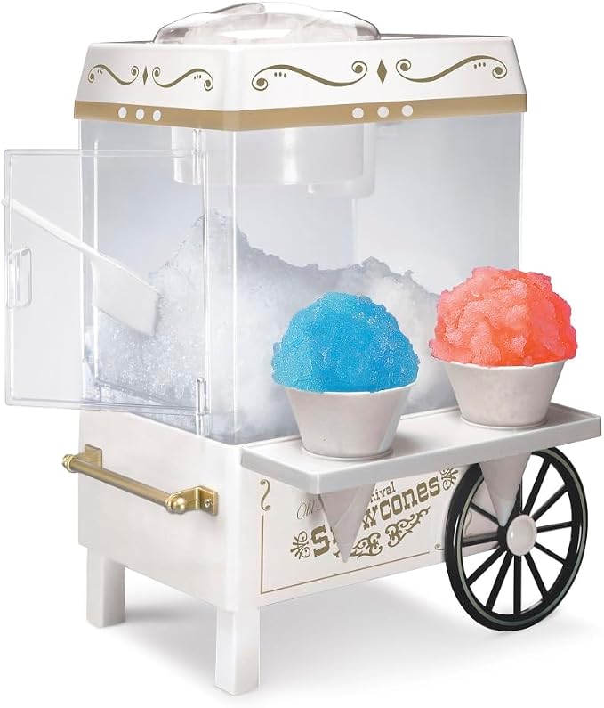 Nostalgia Snow Cone Shaved Ice Machine - Retro Table-Top Slushie Machine Makes 20 Icy Treats - Includes 2 Reusable Plastic Cups & Ice Scoop - White