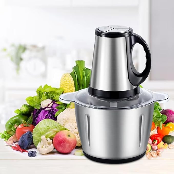 Procesador de alimentos, potente picadora de carne de 2.L. 300 W, cuenco de acero inoxidable de 3 modos de velocidad, 4 cuchillas de dos niveles para cebolla, carne, nueces, frutas, ajo,
