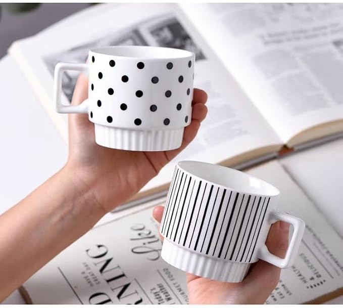 Stackable Coffee Mugs Set of 2, Simple Geometric Patterns Coffee Mug, 12oz Tea Cup Set, Espresso Cups, Stacked Mug Set for Household Party Housewarming Gift (2)