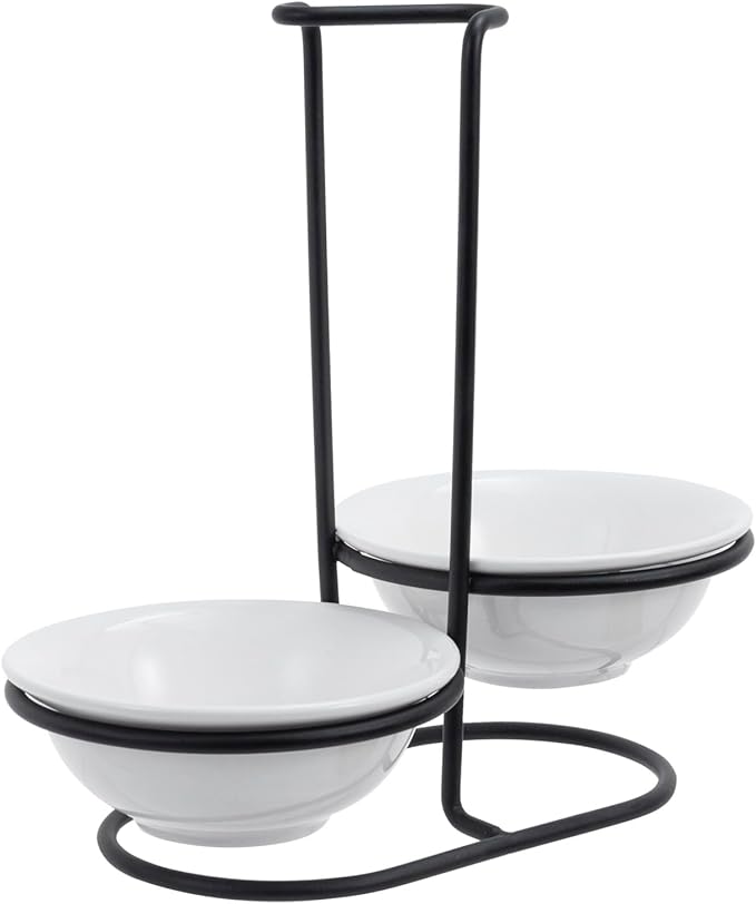 MyGift Countertop Ceramic Spoon Rest with Matte Black Metal Stand, Upright Ladle Holder Rack with 2 Bowl Dish