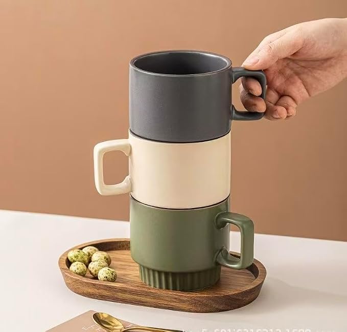 12OZ Stackable Coffee Mugs Set, Ceramic Coffee Cups with morandi color for Au Lait, Cappuccino,Latte,Cafe,Mocha,Tea, Suit Party Housewarming Wedding, Set of 4, Dishwasher&Microwave Safe, Off White