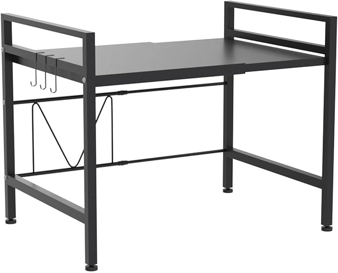 PUSDON Expandable Microwave Oven Rack, 2-Tier Countertop Baker's Rack Style Shelf, Heavy Duty Carbon Steel Stand with 3 Hooks, 160lbs Weight Capacity for Kitchen Organization, Matte Black