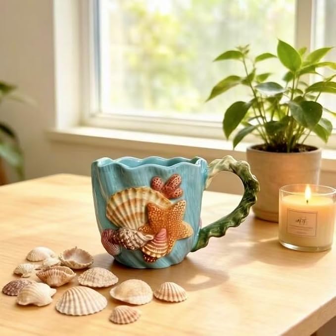 Coastal Seashell Starfish Ceramic Cup and Saucer Set - 3D Hand-Painted Ocean Themed Mug with Seashell-Shaped Saucer, Tableware for Coffee/Tea Lovers