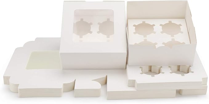 EUSOAR Muffin Boxes, 50pcs 6.4" x 6.3" Kraft Cupcake Boxes 4 Count White Color Muffin Containers, Cupcake Carrier with Insert and Display Window Fits 4 Cupcakes or Muffins